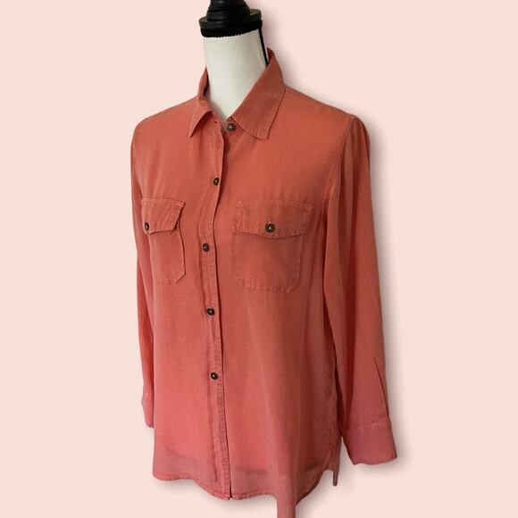 CURRENT/ELLIOT Washable Silk Blouse Top Coral Orange Women's Sz 1 S Long Sleeve - Picture 1 of 9
